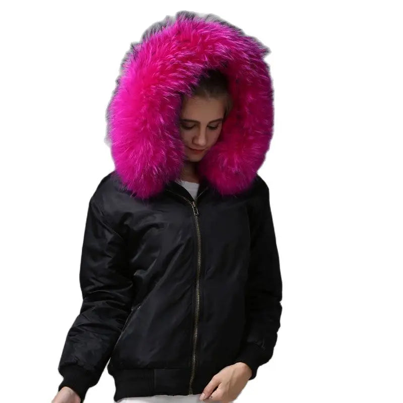 Black Bomber Pink Fur Parka