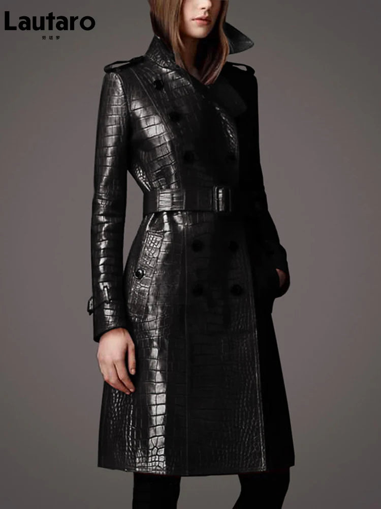 Black Crocodile Leather Trench Coat