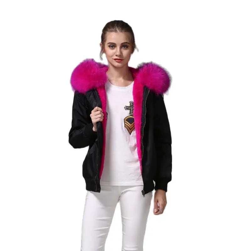 Black Bomber Pink Fur Parka