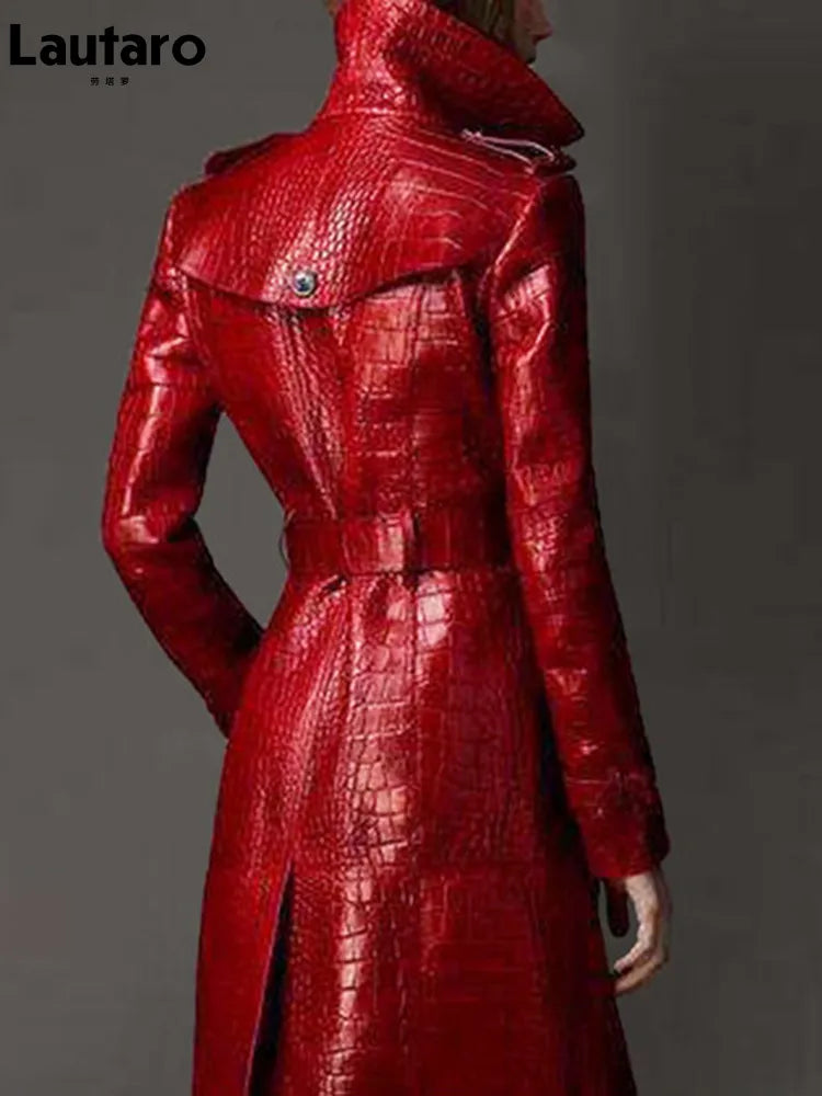 Red Crocodile Leather Trench Coat