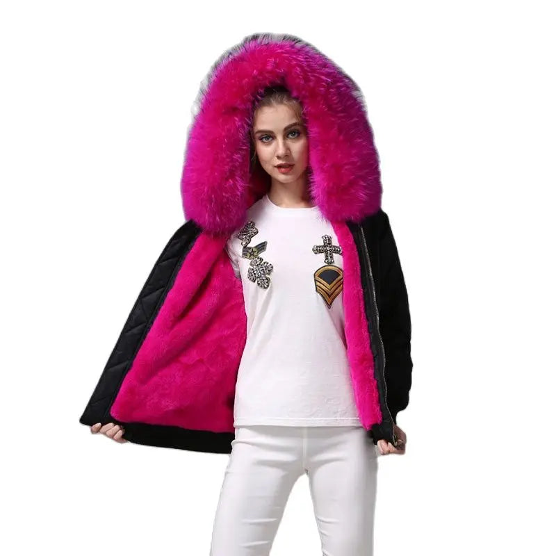 Black Bomber Pink Fur Parka