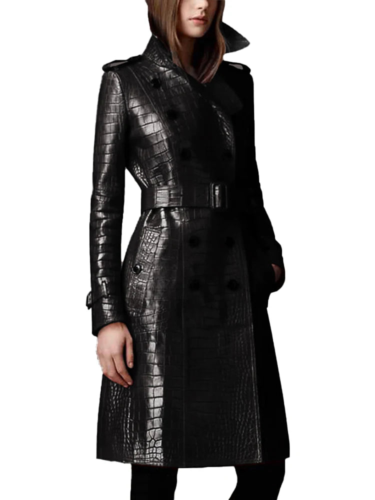 Black Crocodile Leather Trench Coat