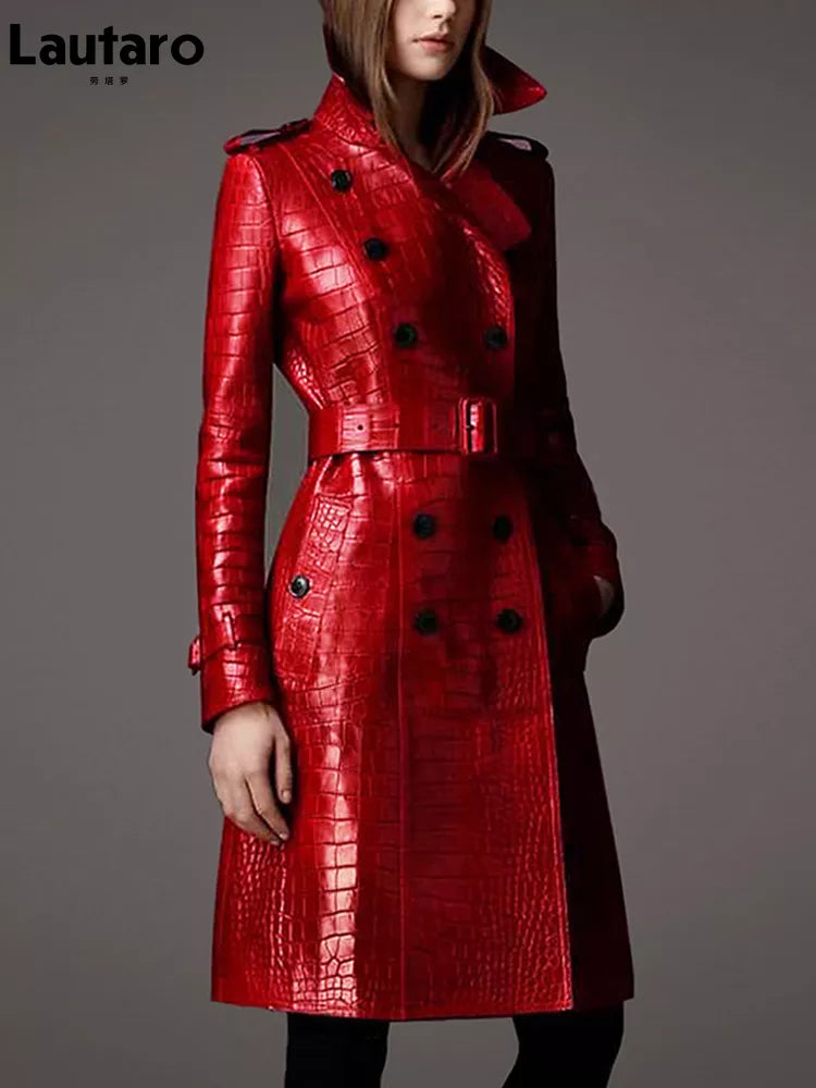 Red Crocodile Leather Trench Coat