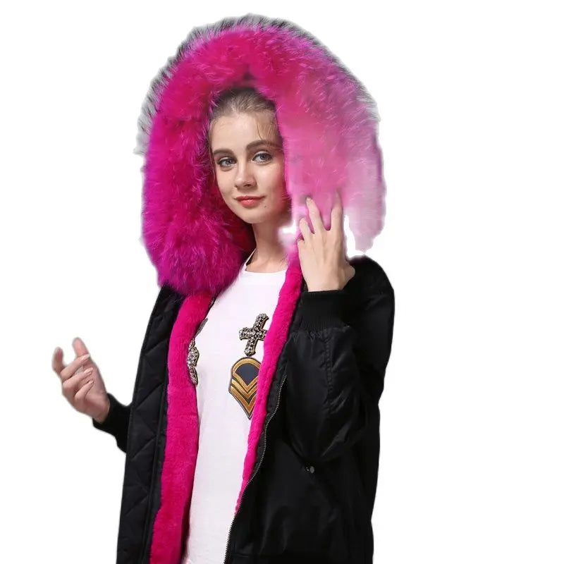 Black Bomber Pink Fur Parka