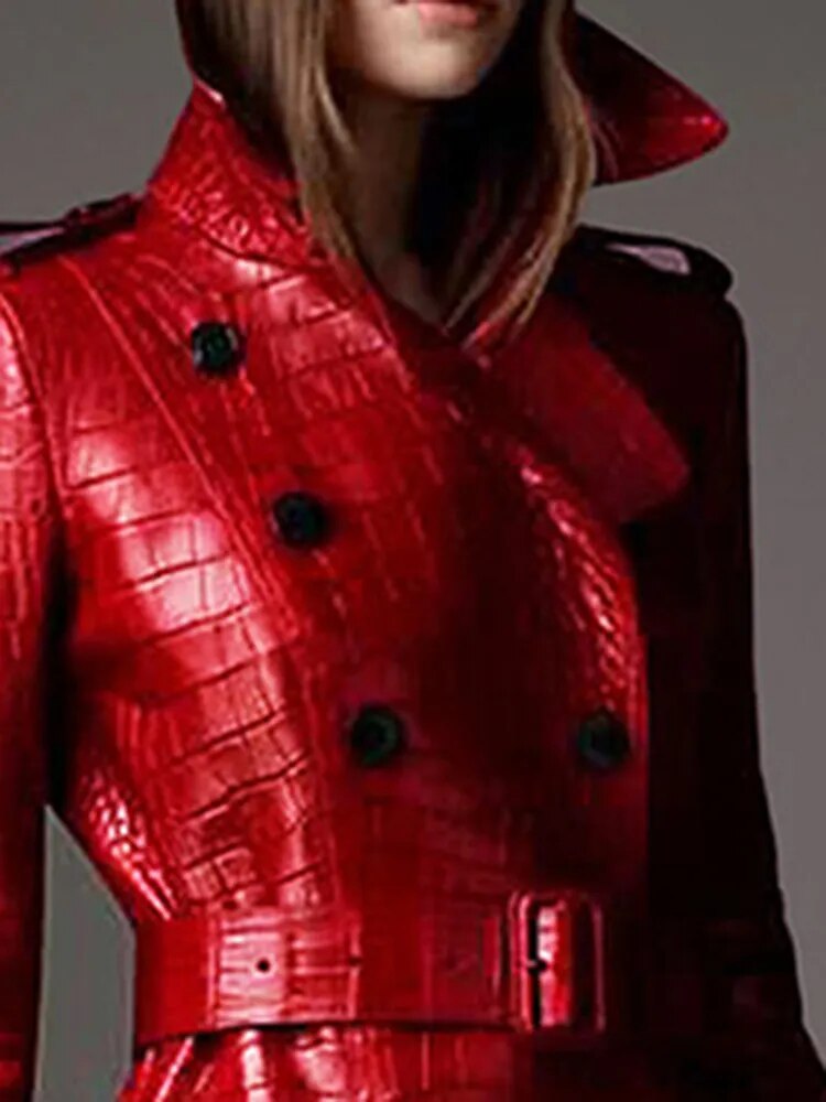 Red Crocodile Leather Trench Coat