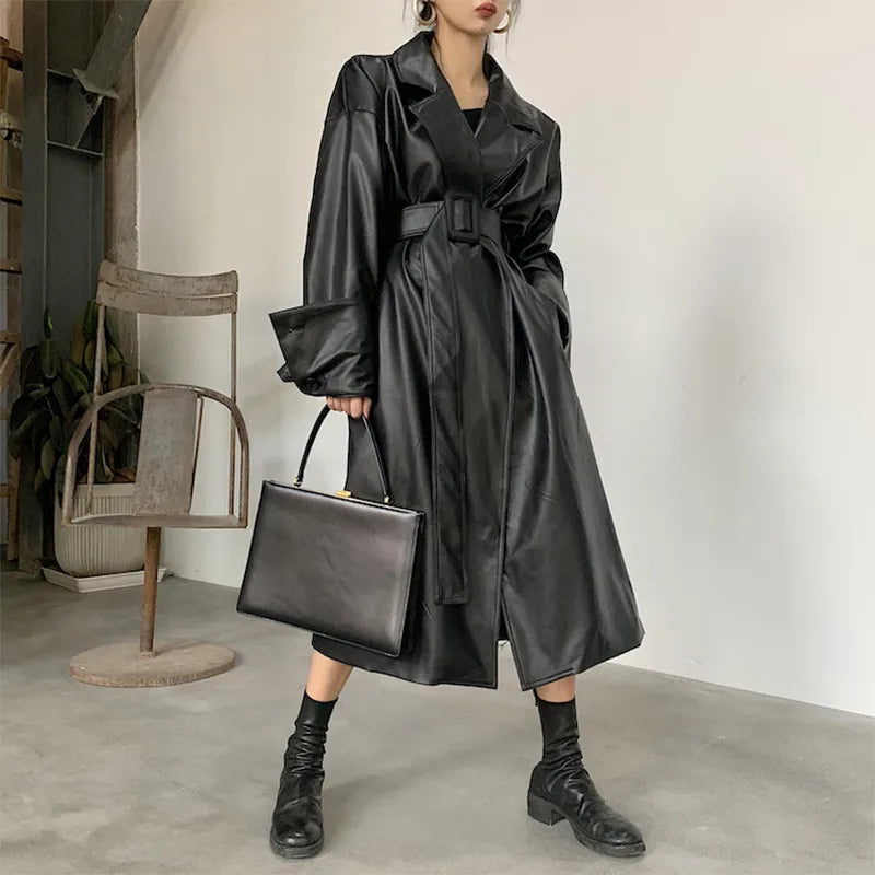 Oversized lapel leather trench coat