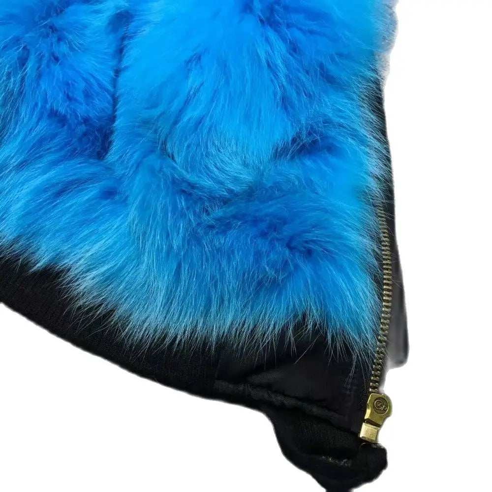 Peacock Fox Fur Lined Down Jacket Black Mini Bombers Parka For Mr Furs