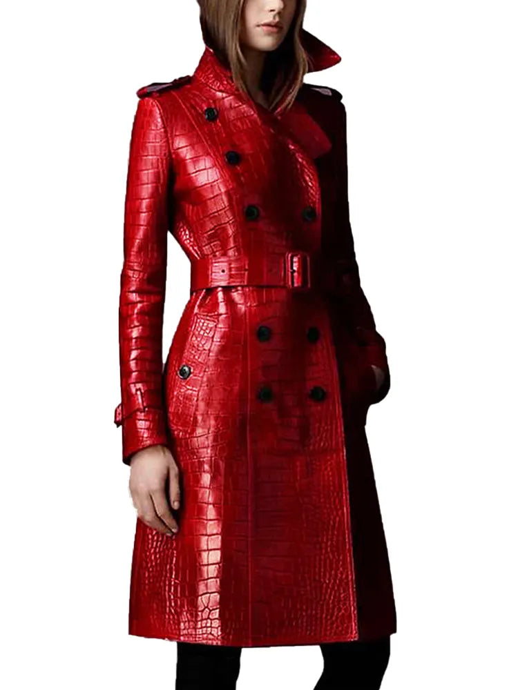 Red Crocodile Leather Trench Coat