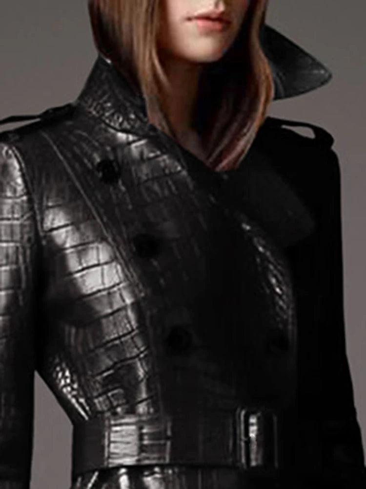 Black Crocodile Leather Trench Coat