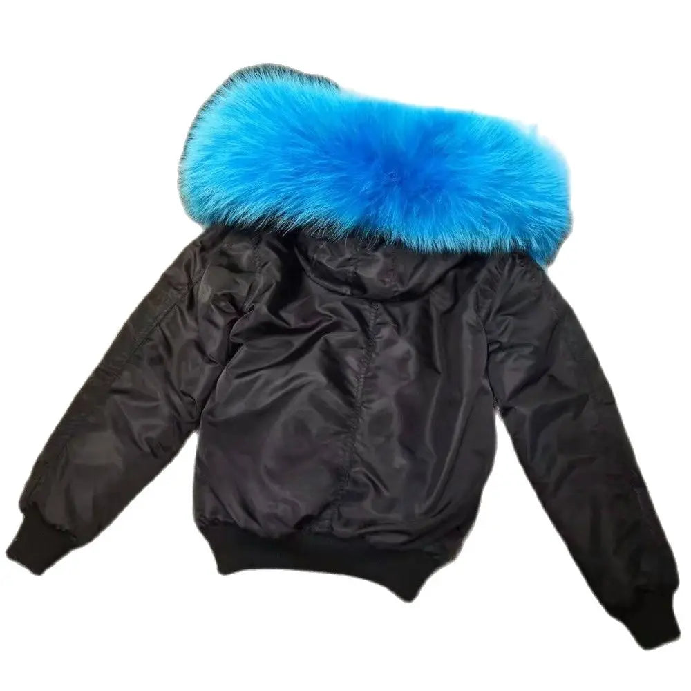 Peacock Fox Fur Lined Down Jacket Black Mini Bombers Parka For Mr Furs