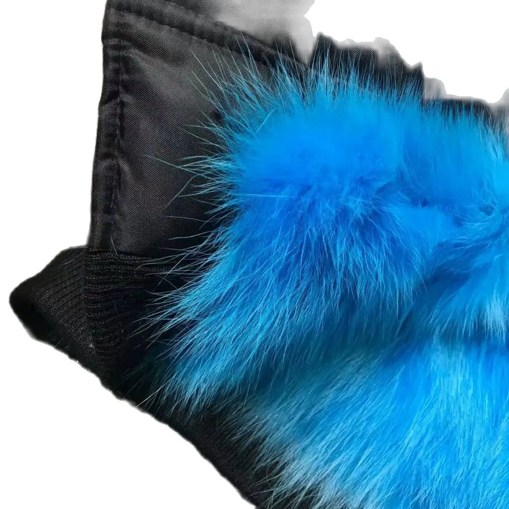 Peacock Fox Fur Lined Down Jacket Black Mini Bombers Parka For Mr Furs