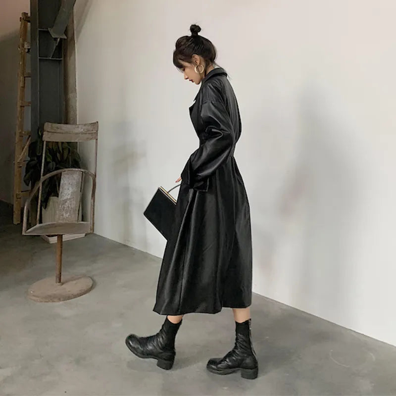 Oversized lapel leather trench coat