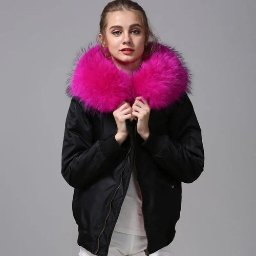 Black Bomber Pink Fur Parka