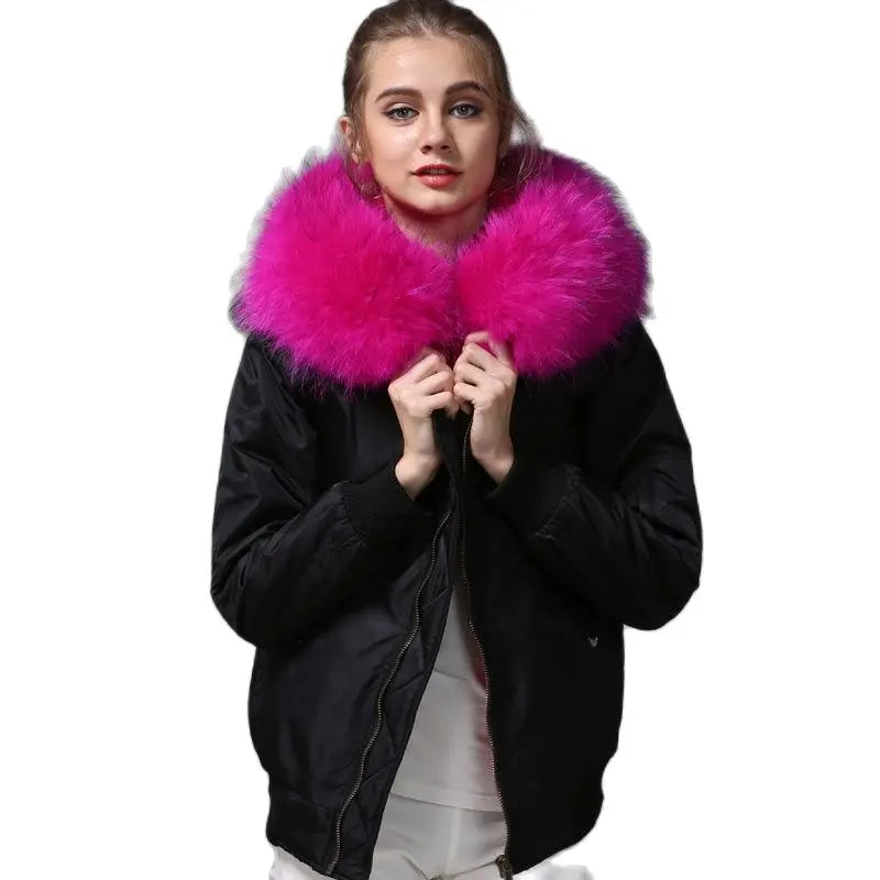 Black Bomber Pink Fur Parka