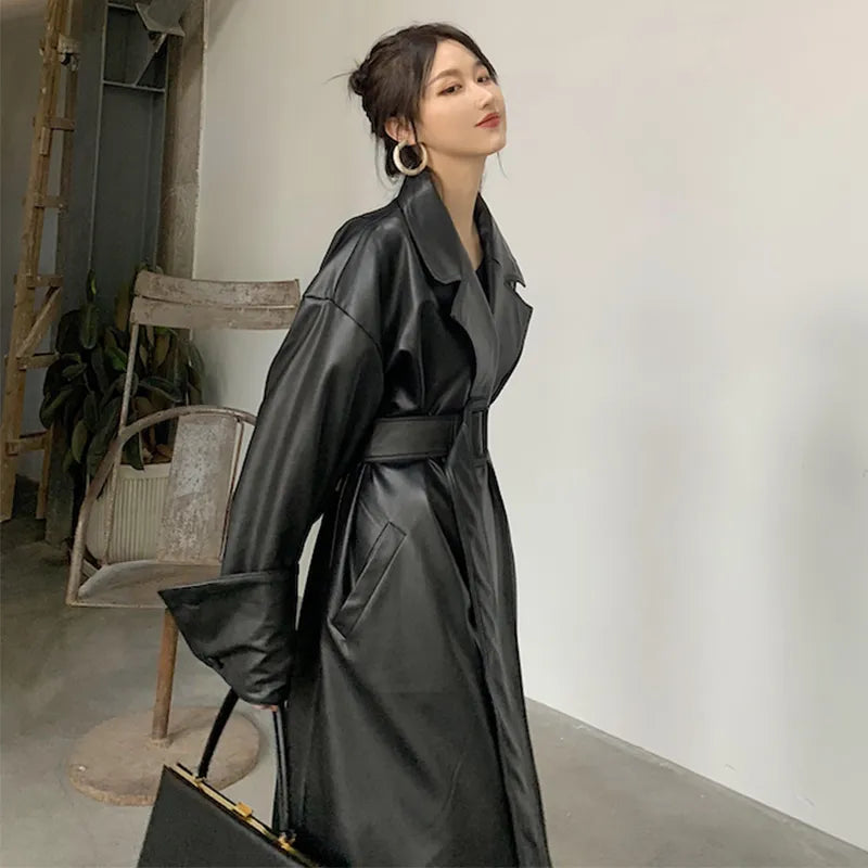 Oversized lapel leather trench coat