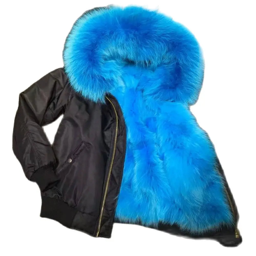 Peacock Fox Fur Lined Down Jacket Black Mini Bombers Parka For Mr Furs