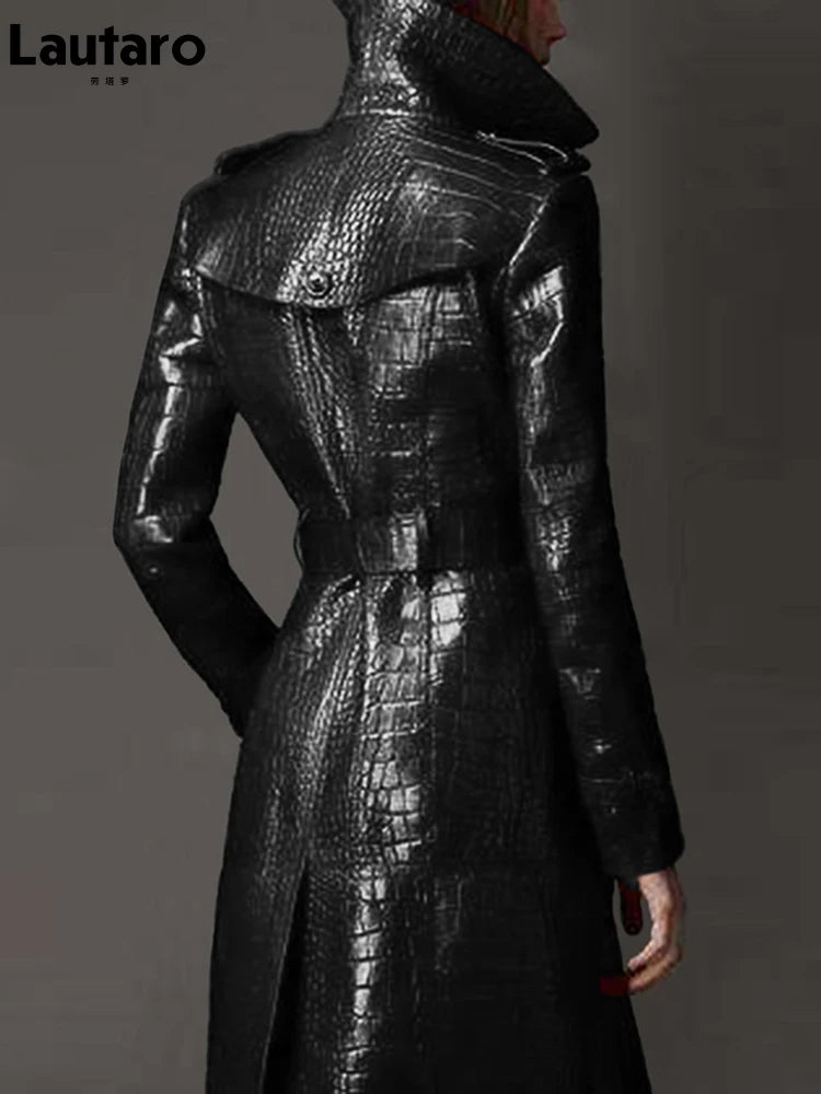 Black Crocodile Leather Trench Coat