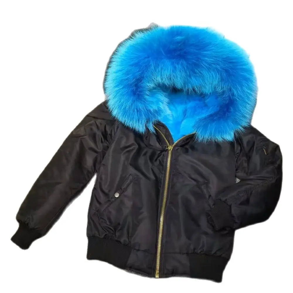 Peacock Fox Fur Lined Down Jacket Black Mini Bombers Parka For Mr Furs