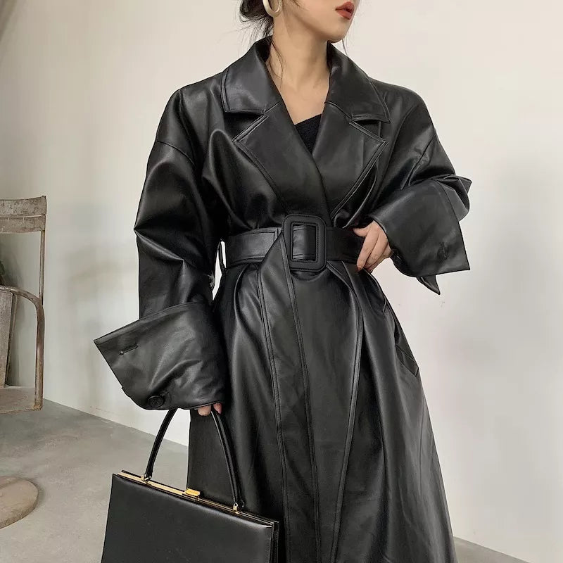 Oversized lapel leather trench coat