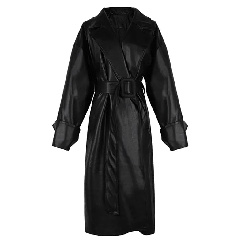 Oversized lapel leather trench coat