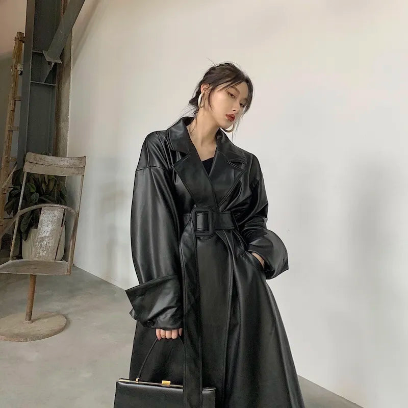 Oversized lapel leather trench coat