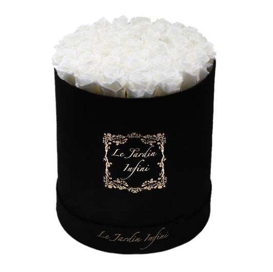 White Preserved Roses - Large Round Luxury Black Suede Box