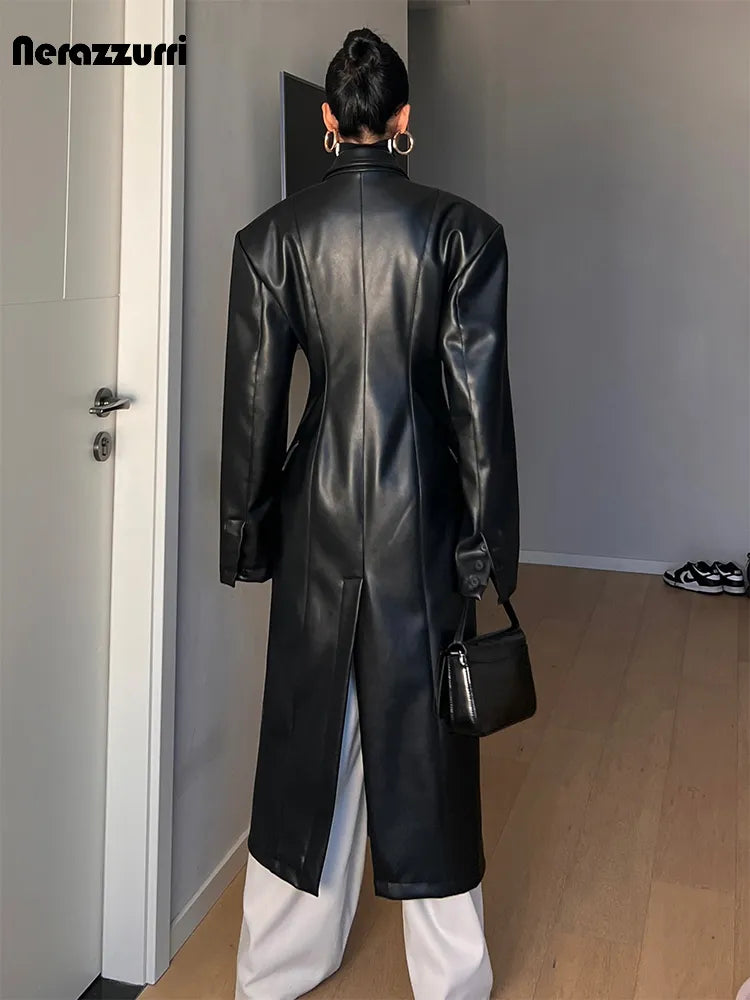 Luxury Long Black Fitted Leather Trench