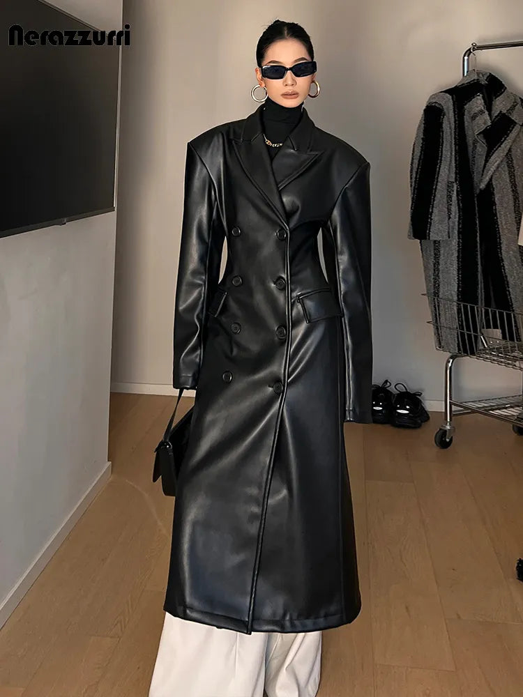 Luxury Long Black Fitted Leather Trench