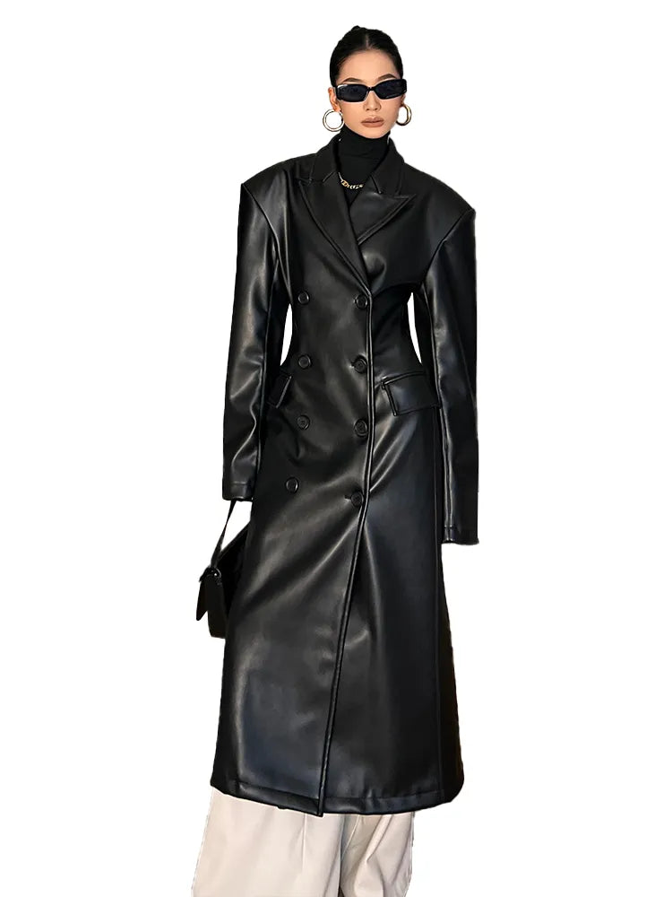 Luxury Long Black Fitted Leather Trench