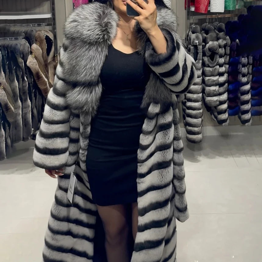 Fashion Women Real Rex Rabbit Fur Coat with Big Silver Fox Fur Lapel