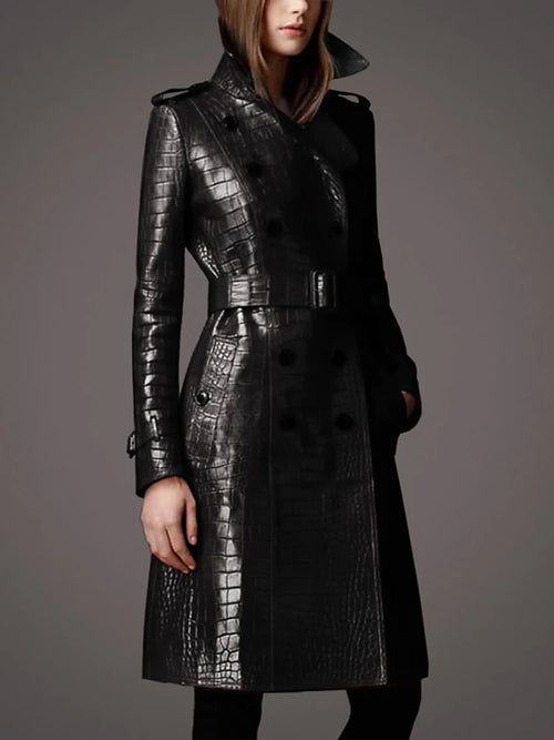 Black Crocodile Leather Trench Coat