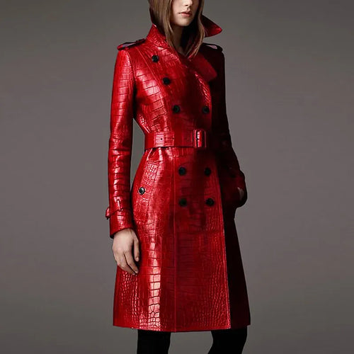 Red Crocodile Leather Trench Coat