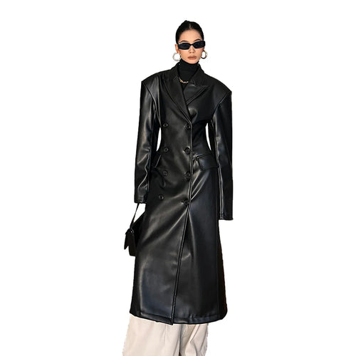 Luxury Long Black Fitted Leather Trench