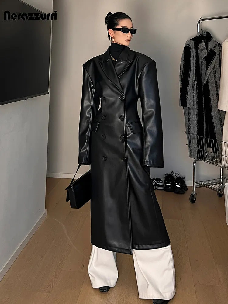 Luxury Long Black Fitted Leather Trench