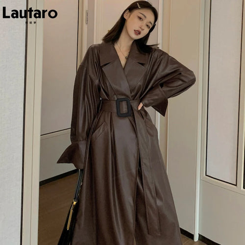 Oversized lapel leather trench coat