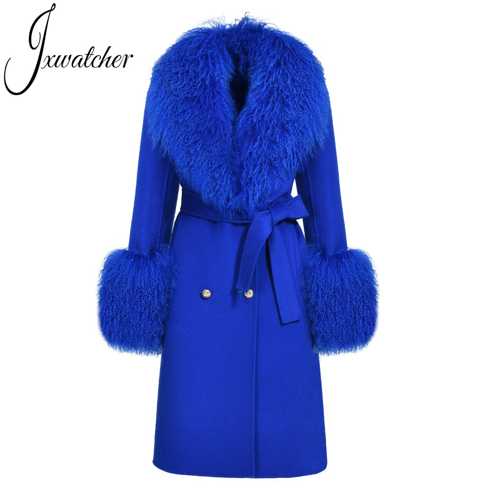 Wool Cashmere Coat With Luxury Real Mongolian Sheep Fur Collar