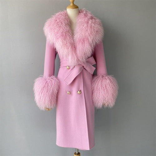 Wool Cashmere Coat With Luxury Real Mongolian Sheep Fur Collar