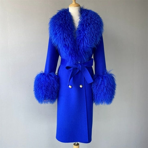 Wool Cashmere Coat With Luxury Real Mongolian Sheep Fur Collar