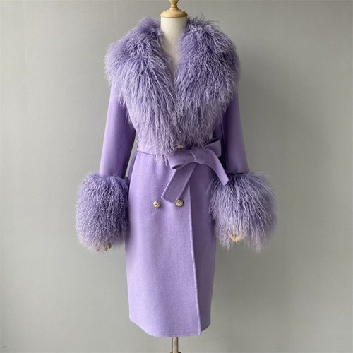 Wool Cashmere Coat With Luxury Real Mongolian Sheep Fur Collar