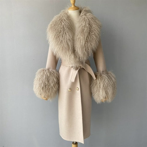 Wool Cashmere Coat With Luxury Real Mongolian Sheep Fur Collar