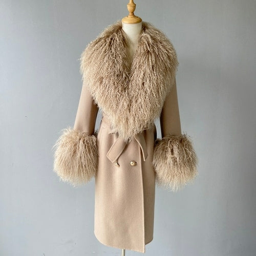 Wool Cashmere Coat With Luxury Real Mongolian Sheep Fur Collar