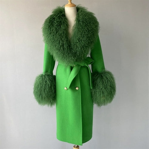 Wool Cashmere Coat With Luxury Real Mongolian Sheep Fur Collar