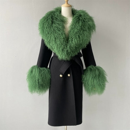 Wool Cashmere Coat With Luxury Real Mongolian Sheep Fur Collar