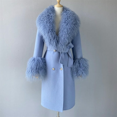 Wool Cashmere Coat With Luxury Real Mongolian Sheep Fur Collar