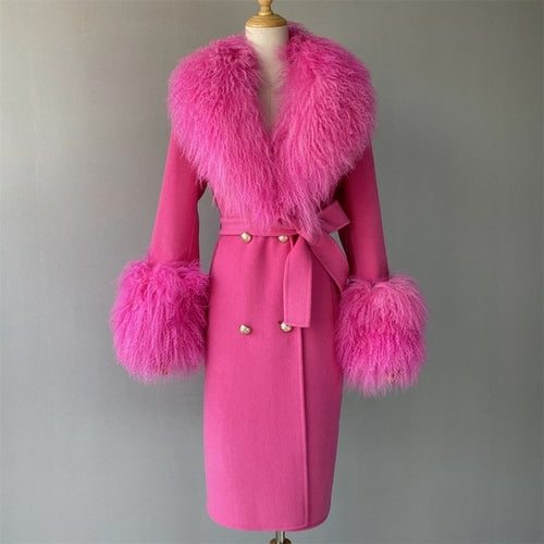 Wool Cashmere Coat With Luxury Real Mongolian Sheep Fur Collar