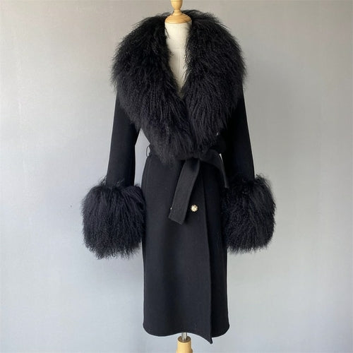 Wool Cashmere Coat With Luxury Real Mongolian Sheep Fur Collar