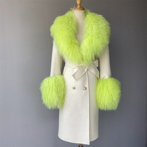 Wool Cashmere Coat With Luxury Real Mongolian Sheep Fur Collar