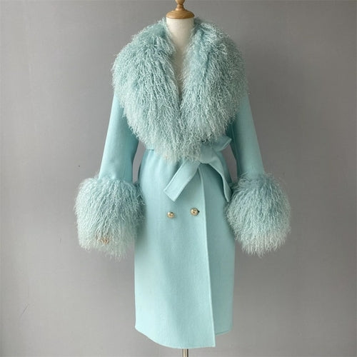 Wool Cashmere Coat With Luxury Real Mongolian Sheep Fur Collar