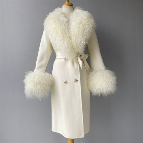 Wool Cashmere Coat With Luxury Real Mongolian Sheep Fur Collar