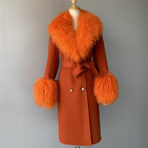 Wool Cashmere Coat With Luxury Real Mongolian Sheep Fur Collar